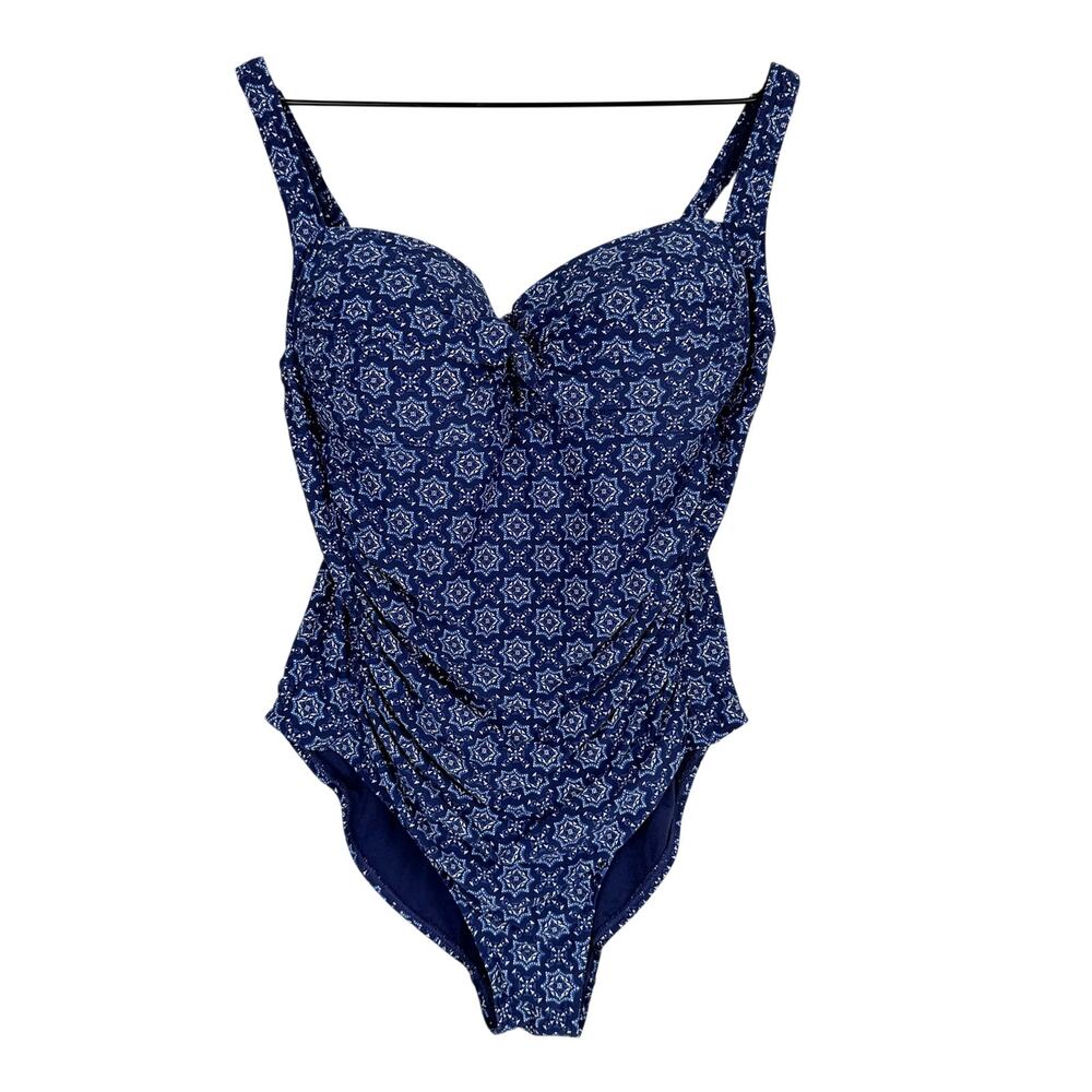 Niptuck Swim One Piece Swimsuit Ruching Blue Print - Size 12 US